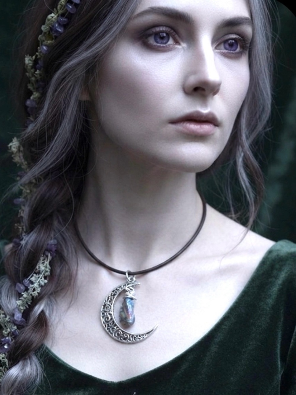 Silver Filigree Crescent Moon Necklace with Titanium Aura quartz Stone